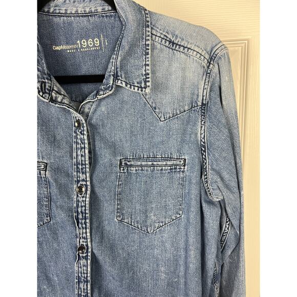 GAP Maternity 1969 Denim Jean Button-Up Shirt Western Pockets Longline Large - Picture 3 of 7